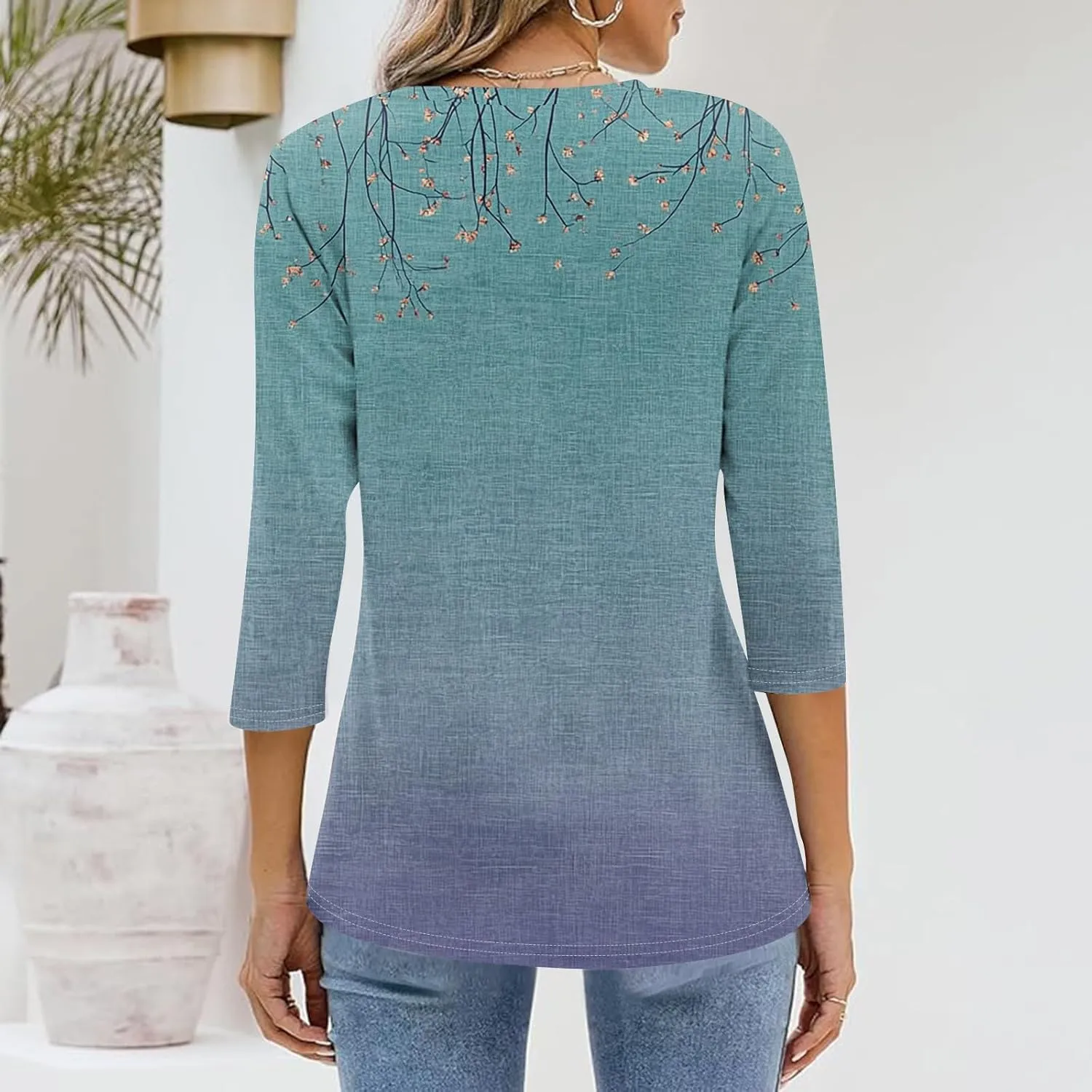 Womens Casual 3/4 Sleeve T-Shirts Sexy V Neck Loose Fit Tunic Tops Cute Basic Tees Blouses Pullover Tops