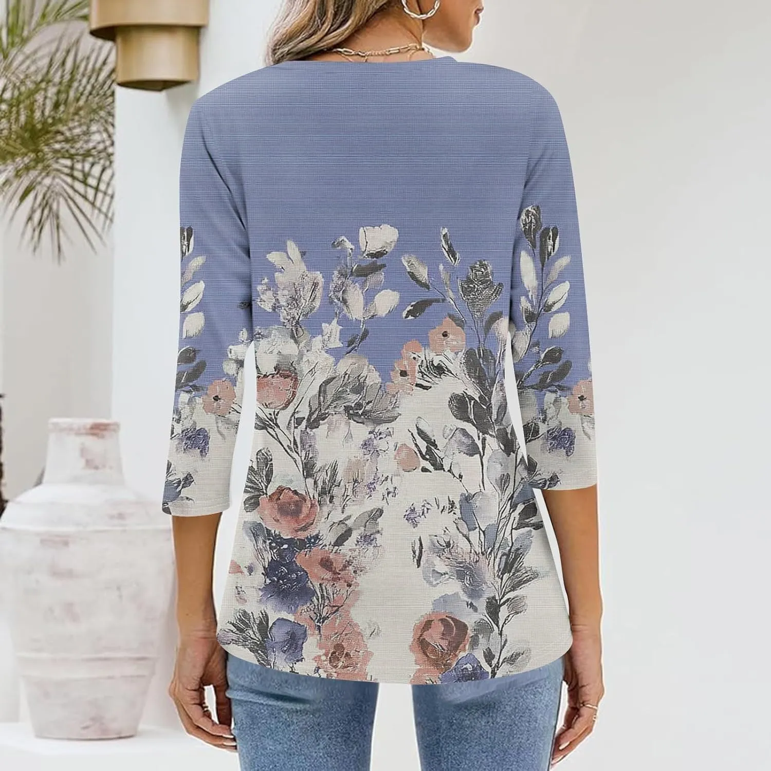 Womens Casual 3/4 Sleeve T-Shirts Sexy V Neck Loose Fit Tunic Tops Cute Basic Tees Blouses Pullover Tops