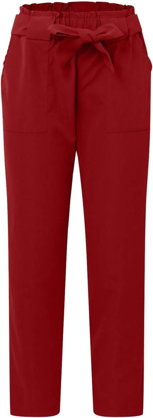 Womens Casual High Waist Pencil Pants with Pockets Bow-Knot Cropped Paper Bag Pants for Work