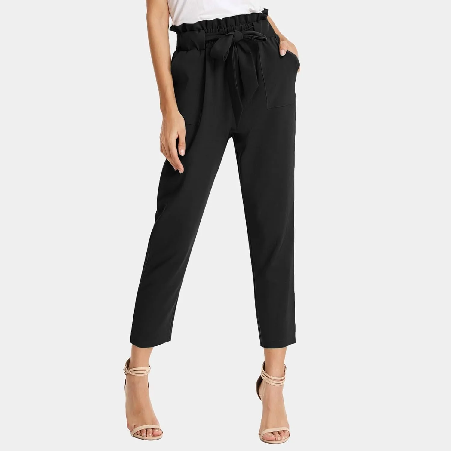 Womens Casual High Waist Pencil Pants with Pockets Bow-Knot Cropped Paper Bag Pants for Work