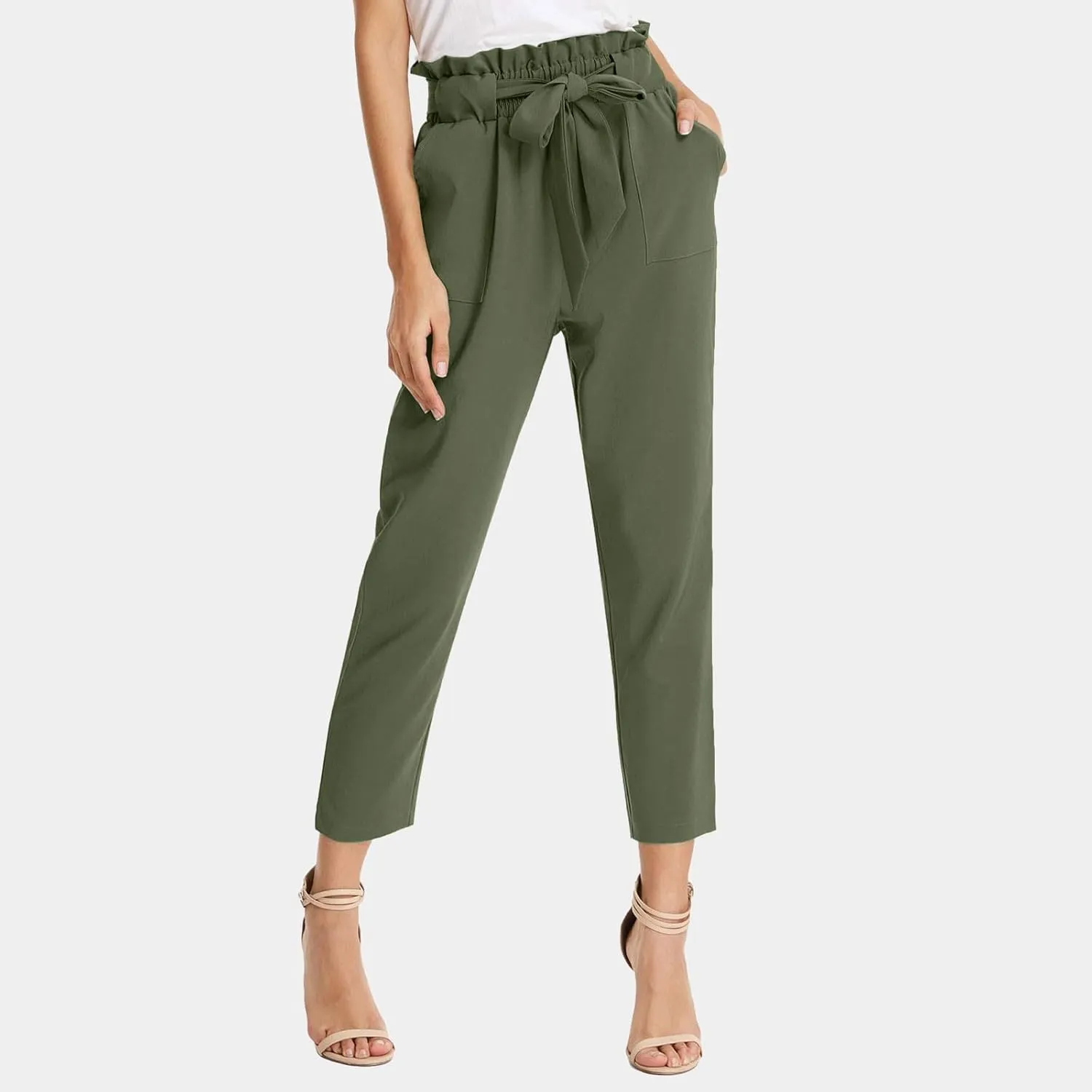 Womens Casual High Waist Pencil Pants with Pockets Bow-Knot Cropped Paper Bag Pants for Work