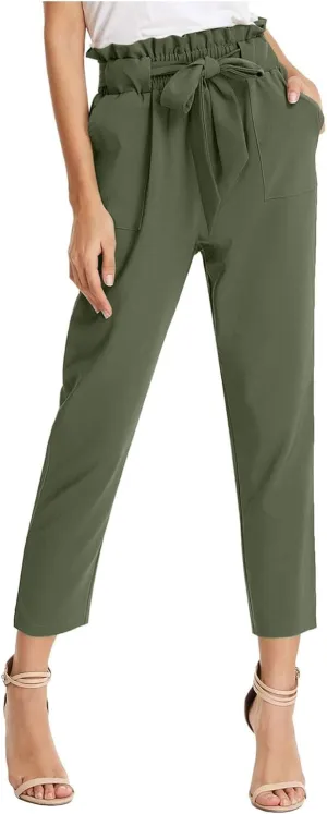 Womens Casual High Waist Pencil Pants with Pockets Bow-Knot Cropped Paper Bag Pants for Work