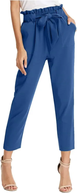 Womens Casual High Waist Pencil Pants with Pockets Bow-Knot Cropped Paper Bag Pants for Work