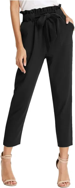 Womens Casual High Waist Pencil Pants with Pockets Bow-Knot Cropped Paper Bag Pants for Work