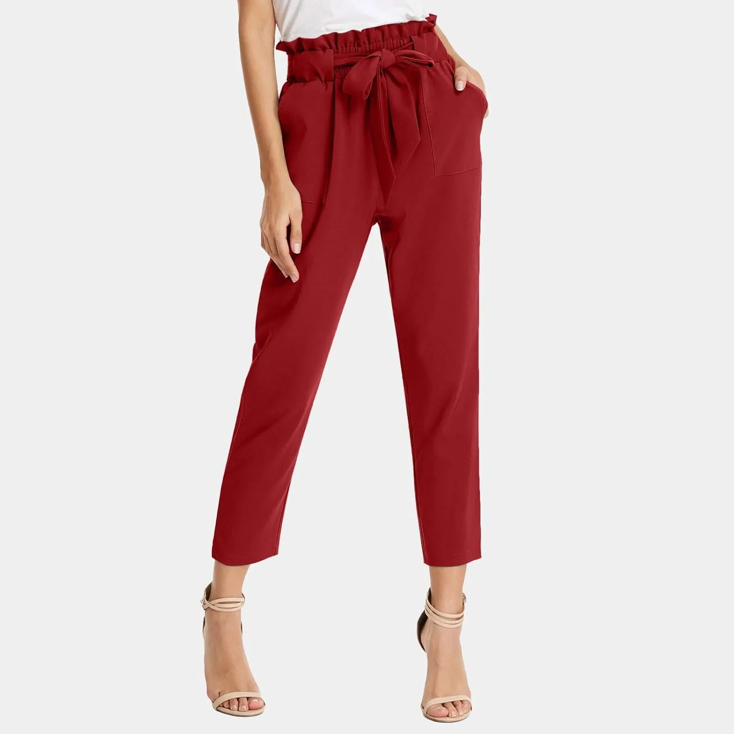 Womens Casual High Waist Pencil Pants with Pockets Bow-Knot Cropped Paper Bag Pants for Work
