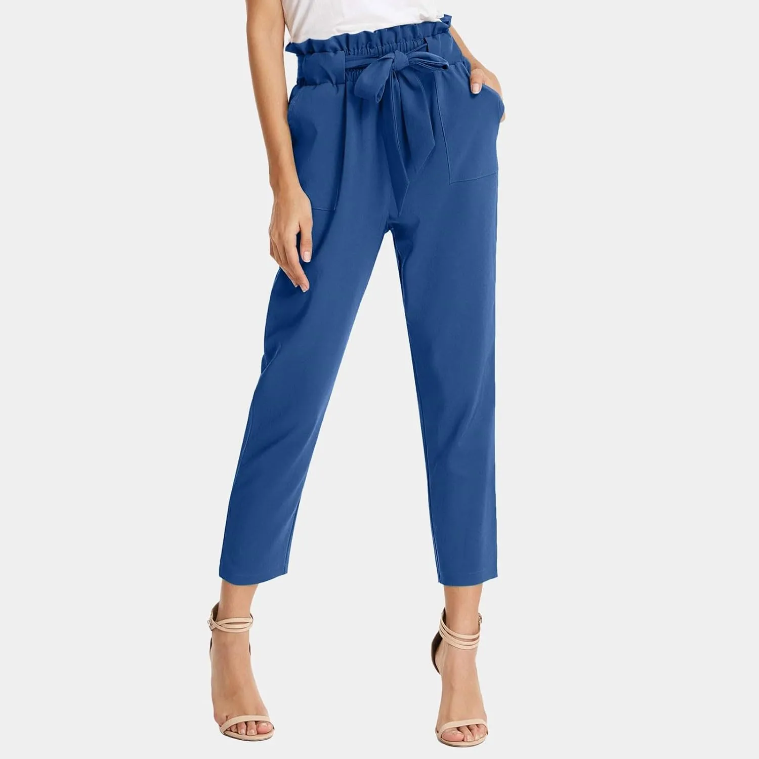 Womens Casual High Waist Pencil Pants with Pockets Bow-Knot Cropped Paper Bag Pants for Work