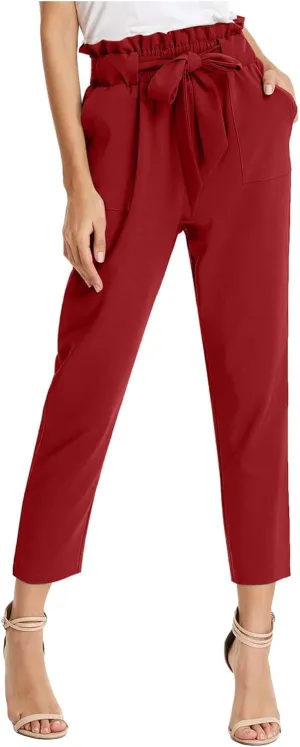 Womens Casual High Waist Pencil Pants with Pockets Bow-Knot Cropped Paper Bag Pants for Work