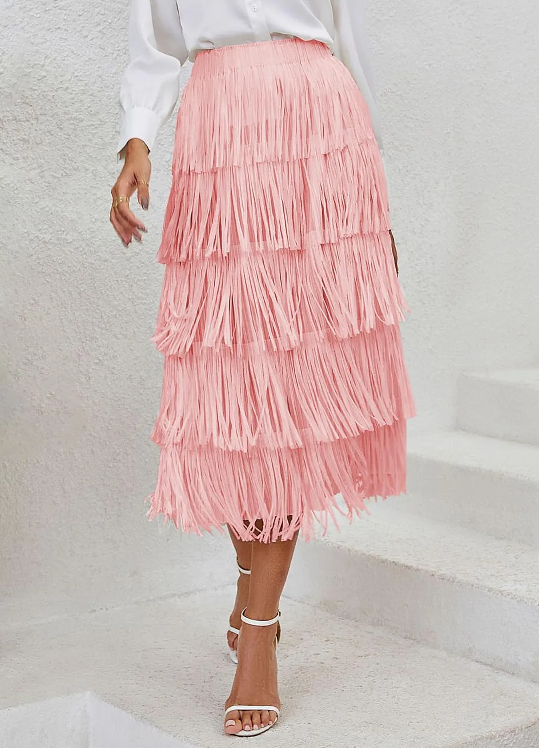 Women's Elegant Tassel Splicing Skirt Maxi Long Elastic High Waist A-line Pleated Skirts Cocktail Party Dance Dress