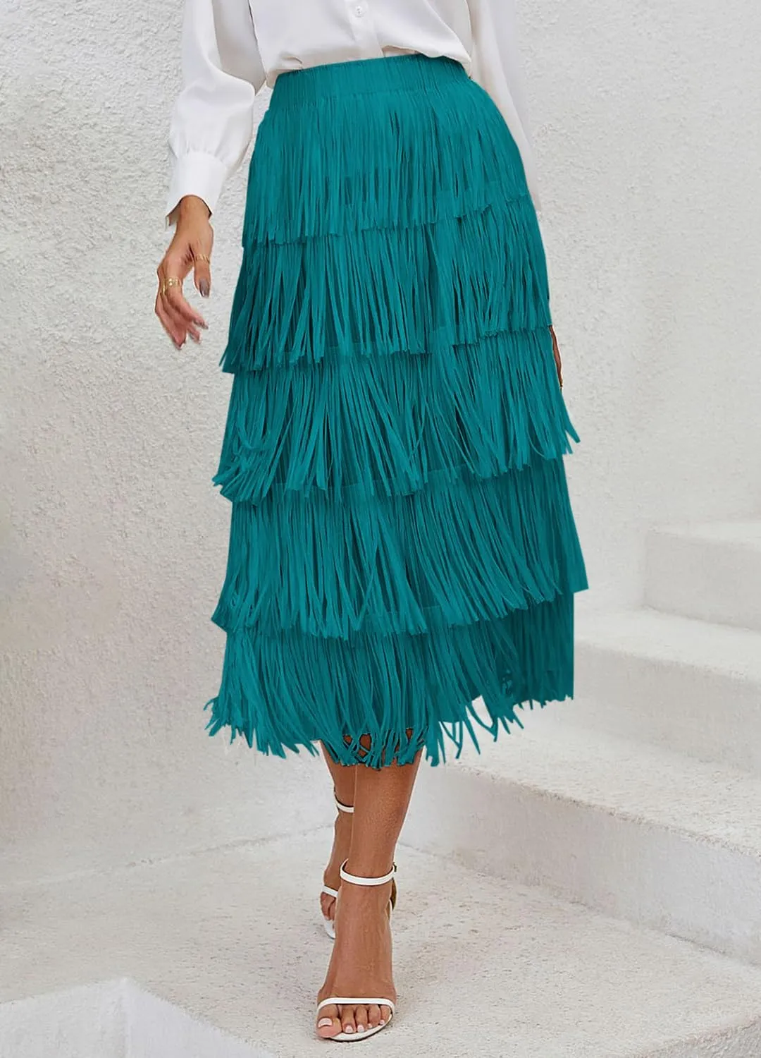 Women's Elegant Tassel Splicing Skirt Maxi Long Elastic High Waist A-line Pleated Skirts Cocktail Party Dance Dress