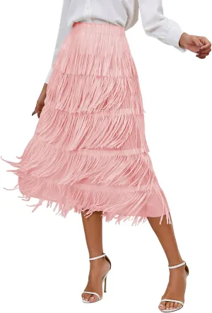 Women's Elegant Tassel Splicing Skirt Maxi Long Elastic High Waist A-line Pleated Skirts Cocktail Party Dance Dress