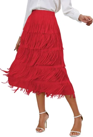 Women's Elegant Tassel Splicing Skirt Maxi Long Elastic High Waist A-line Pleated Skirts Cocktail Party Dance Dress