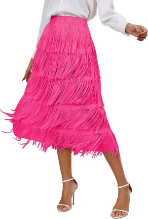 Women's Elegant Tassel Splicing Skirt Maxi Long Elastic High Waist A-line Pleated Skirts Cocktail Party Dance Dress