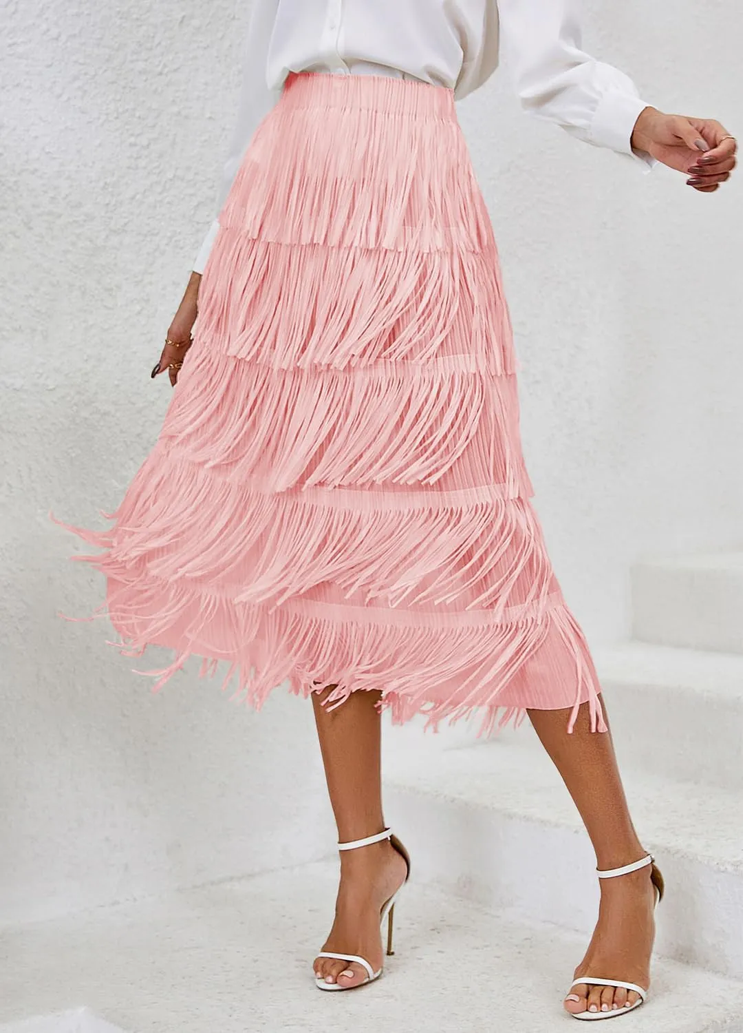 Women's Elegant Tassel Splicing Skirt Maxi Long Elastic High Waist A-line Pleated Skirts Cocktail Party Dance Dress