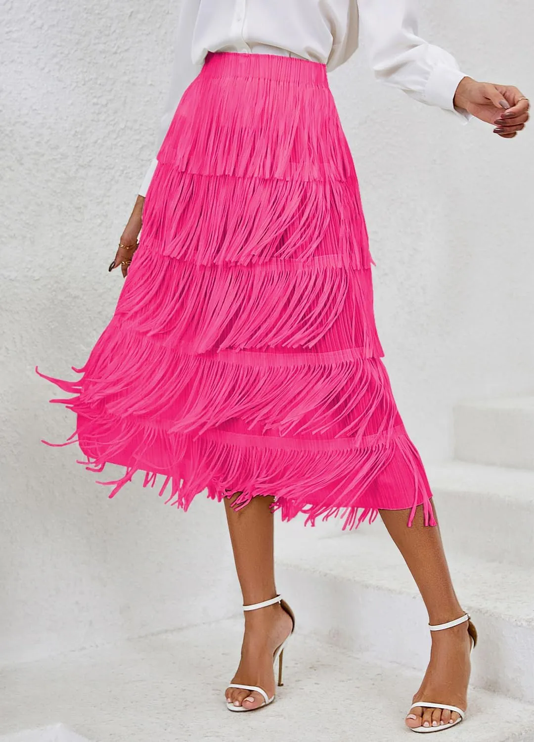 Women's Elegant Tassel Splicing Skirt Maxi Long Elastic High Waist A-line Pleated Skirts Cocktail Party Dance Dress