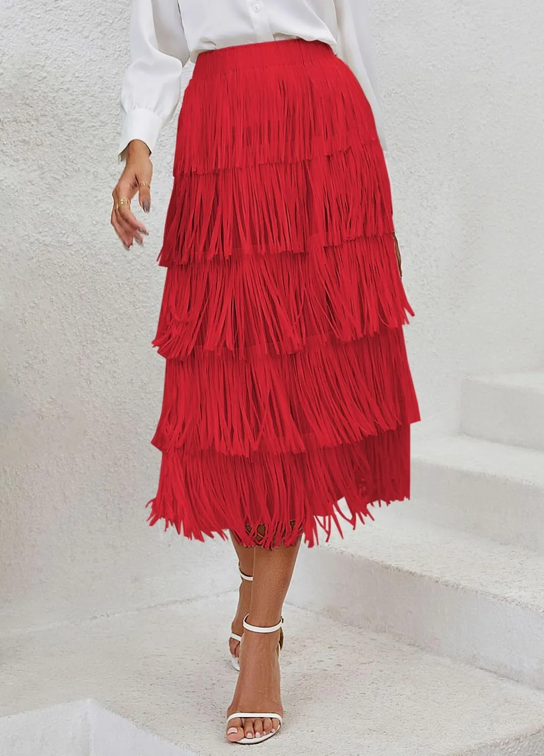 Women's Elegant Tassel Splicing Skirt Maxi Long Elastic High Waist A-line Pleated Skirts Cocktail Party Dance Dress
