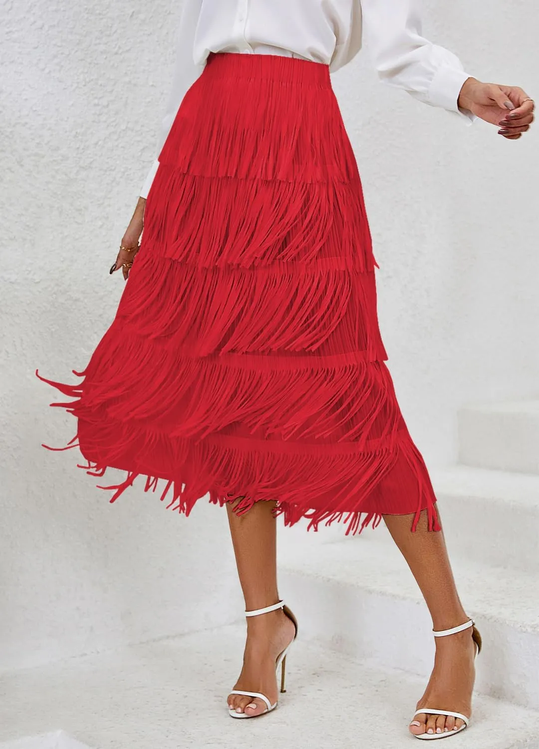 Women's Elegant Tassel Splicing Skirt Maxi Long Elastic High Waist A-line Pleated Skirts Cocktail Party Dance Dress