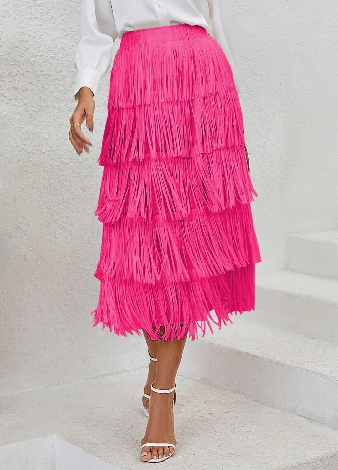 Women's Elegant Tassel Splicing Skirt Maxi Long Elastic High Waist A-line Pleated Skirts Cocktail Party Dance Dress