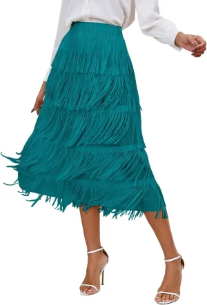 Women's Elegant Tassel Splicing Skirt Maxi Long Elastic High Waist A-line Pleated Skirts Cocktail Party Dance Dress