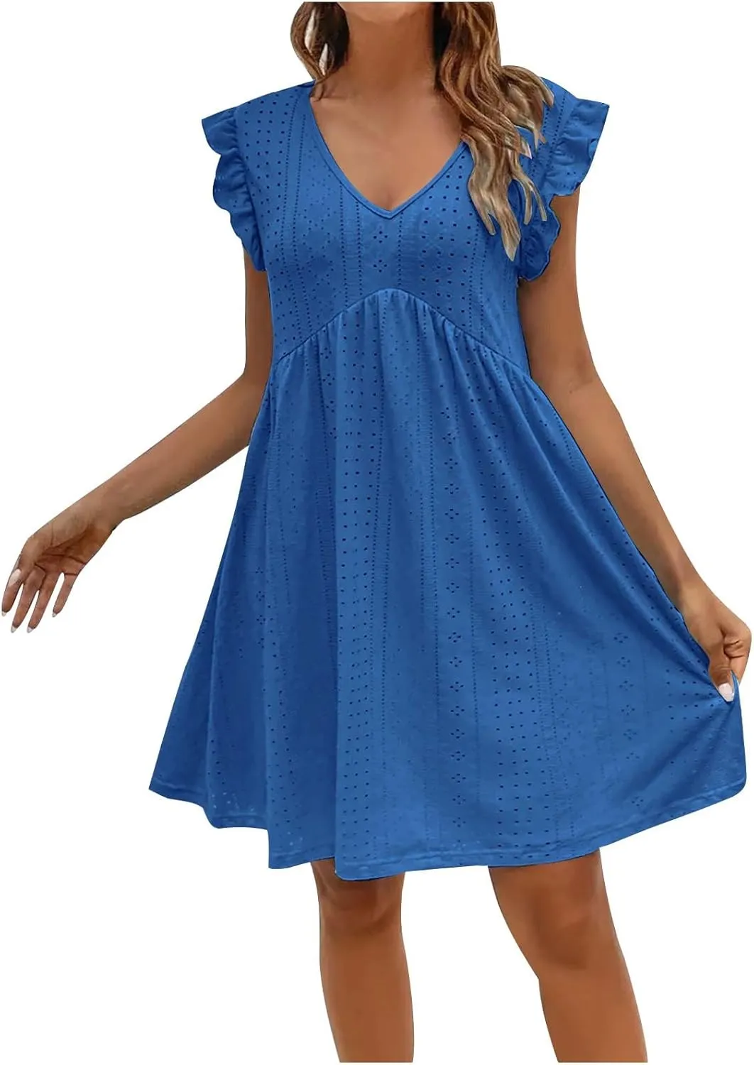 Women's Eyelet Mini Dress Ruffle Cap Sleeve Elegant A-Line Dress Solid Casual Hollow Out Dress Flowy Summer Dress