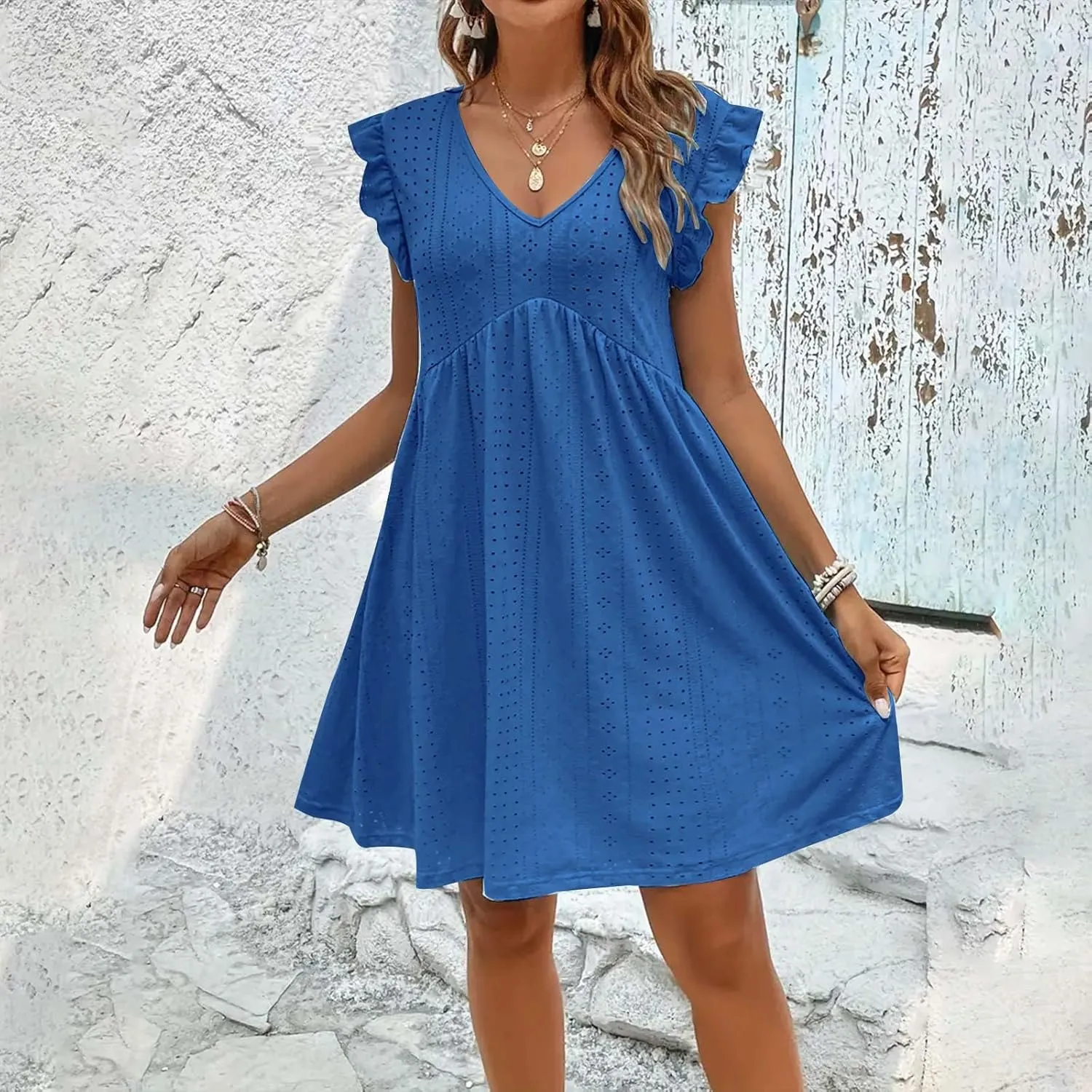 Women's Eyelet Mini Dress Ruffle Cap Sleeve Elegant A-Line Dress Solid Casual Hollow Out Dress Flowy Summer Dress