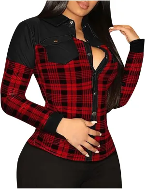 Women's Faux Leather Jacket Soft PU Snap Button Down Shirt Shacket Long Sleeve Motorcycle Fashion Leather Jacket