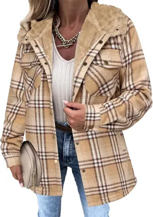 Womens Fleece Lined Jacket Flannel Plaid Shacket Casual Long Sleeve Button Down Hooded Jackets Fuzzy Warm Hoodies