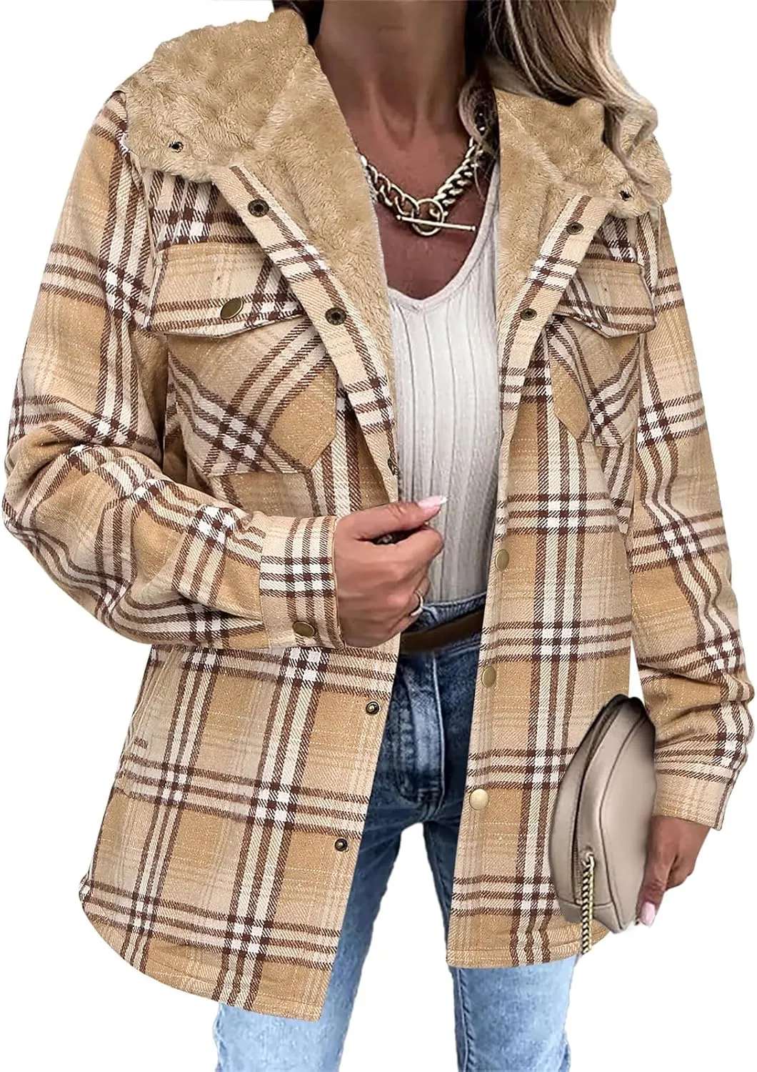 Womens Fleece Lined Jacket Flannel Plaid Shacket Casual Long Sleeve Button Down Hooded Jackets Fuzzy Warm Hoodies