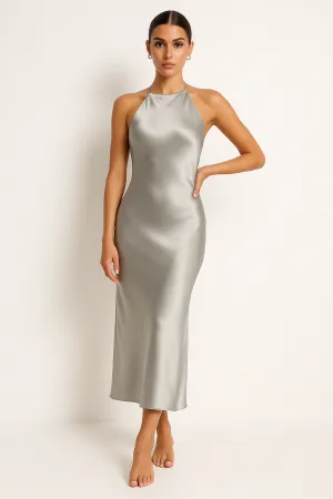 Womens Halter Neck Dress  Satin Finish  Slim Fit  Full Length Formal Wear