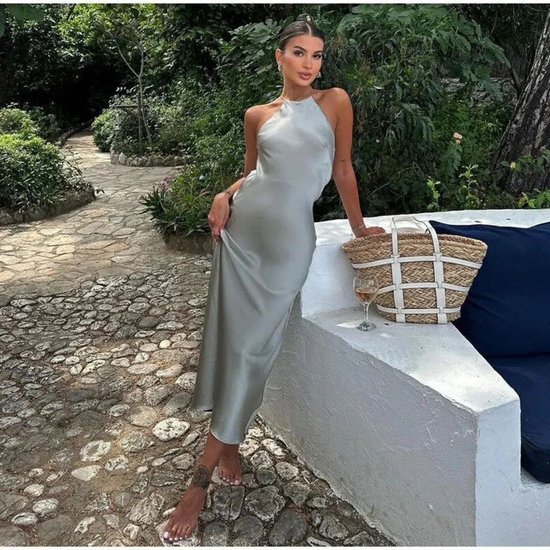 Womens Halter Neck Dress  Satin Finish  Slim Fit  Full Length Formal Wear