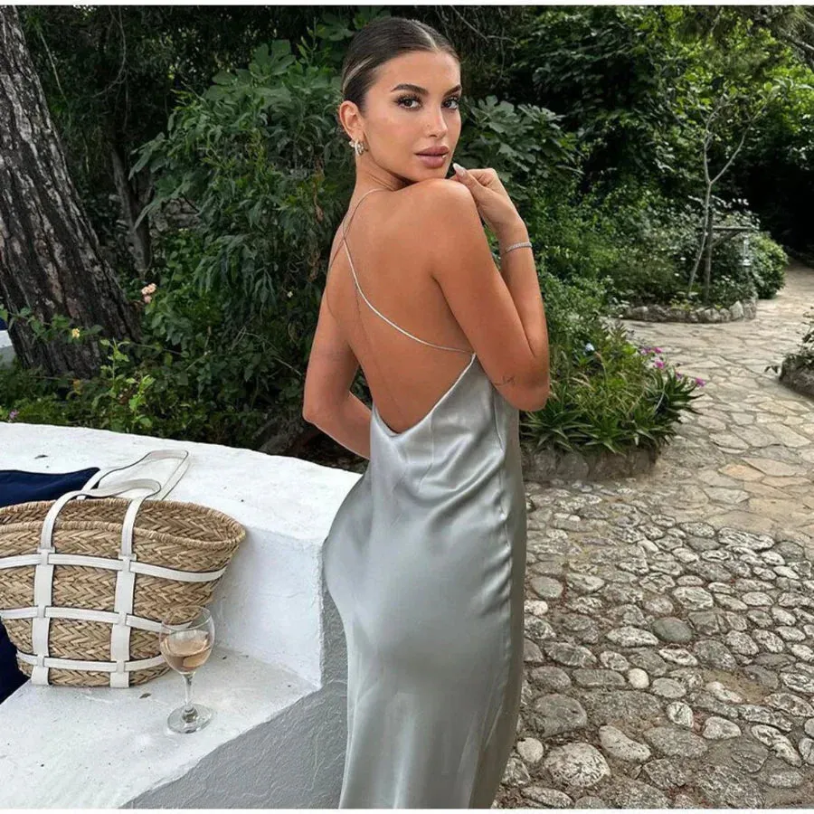 Womens Halter Neck Dress  Satin Finish  Slim Fit  Full Length Formal Wear