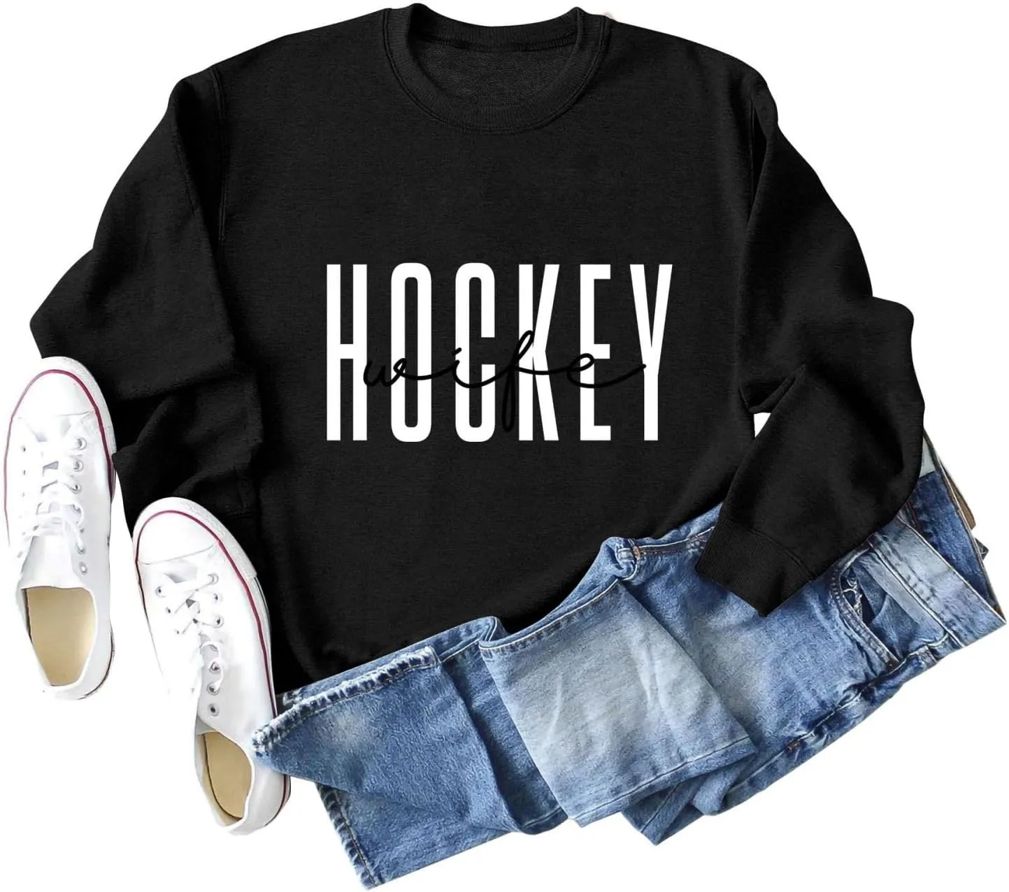 Women's Hockey Wife Sweatshirt Hockey Crewncek Pullover Sweater Hockey Sports Fan Shirts Hockey Wife Long Sleeve