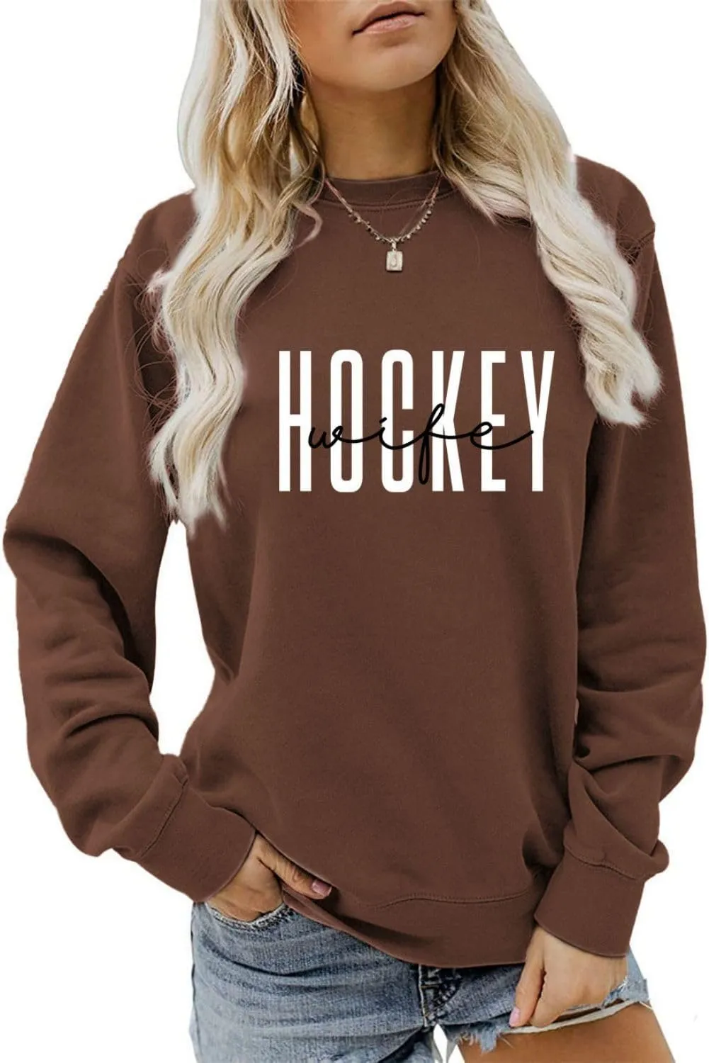 Women's Hockey Wife Sweatshirt Hockey Crewncek Pullover Sweater Hockey Sports Fan Shirts Hockey Wife Long Sleeve