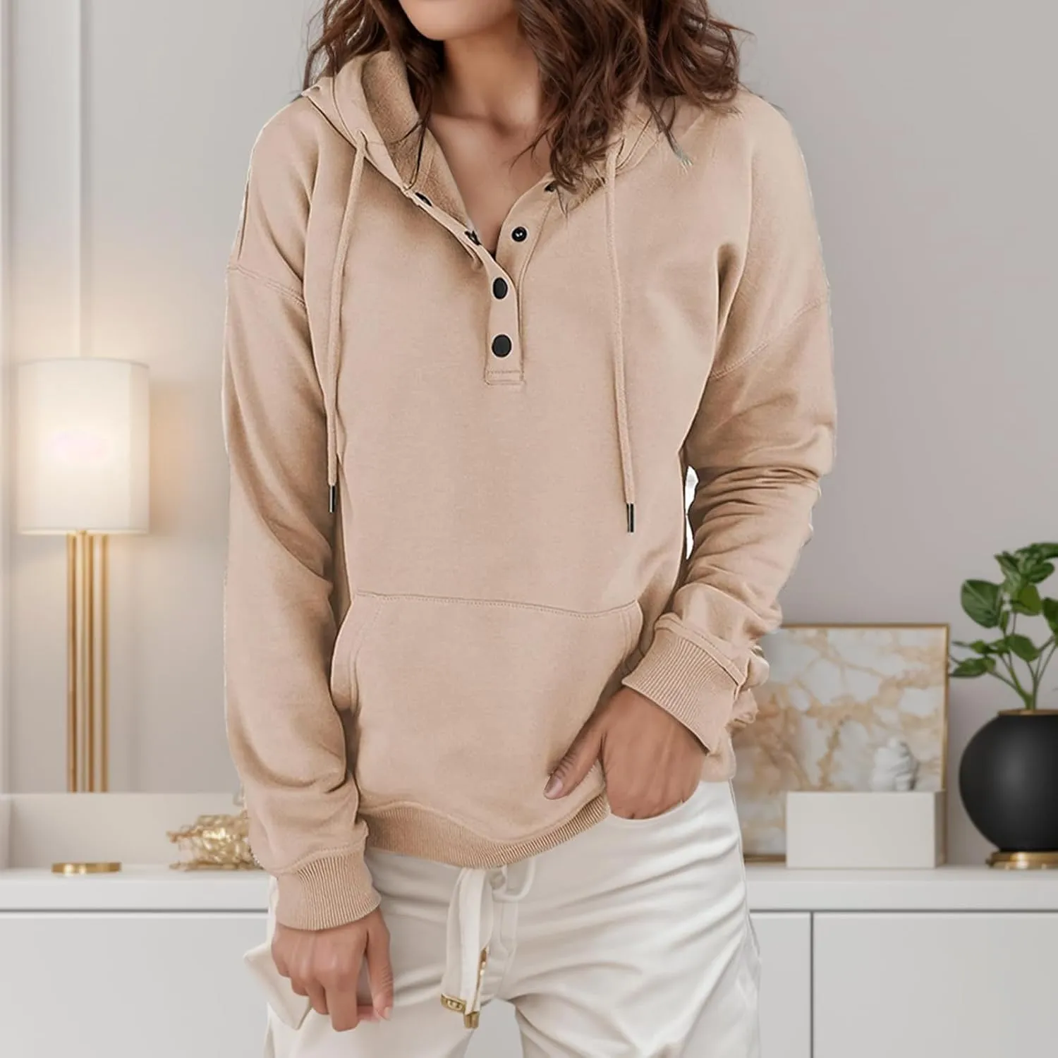 Women's Hoodies Button Down Oversize Hooded Sweatshirts Casual Long Sleeve Drawstring Pullover Tops with Pocket