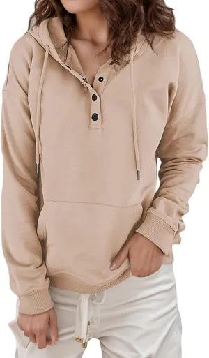 Women's Hoodies Button Down Oversize Hooded Sweatshirts Casual Long Sleeve Drawstring Pullover Tops with Pocket