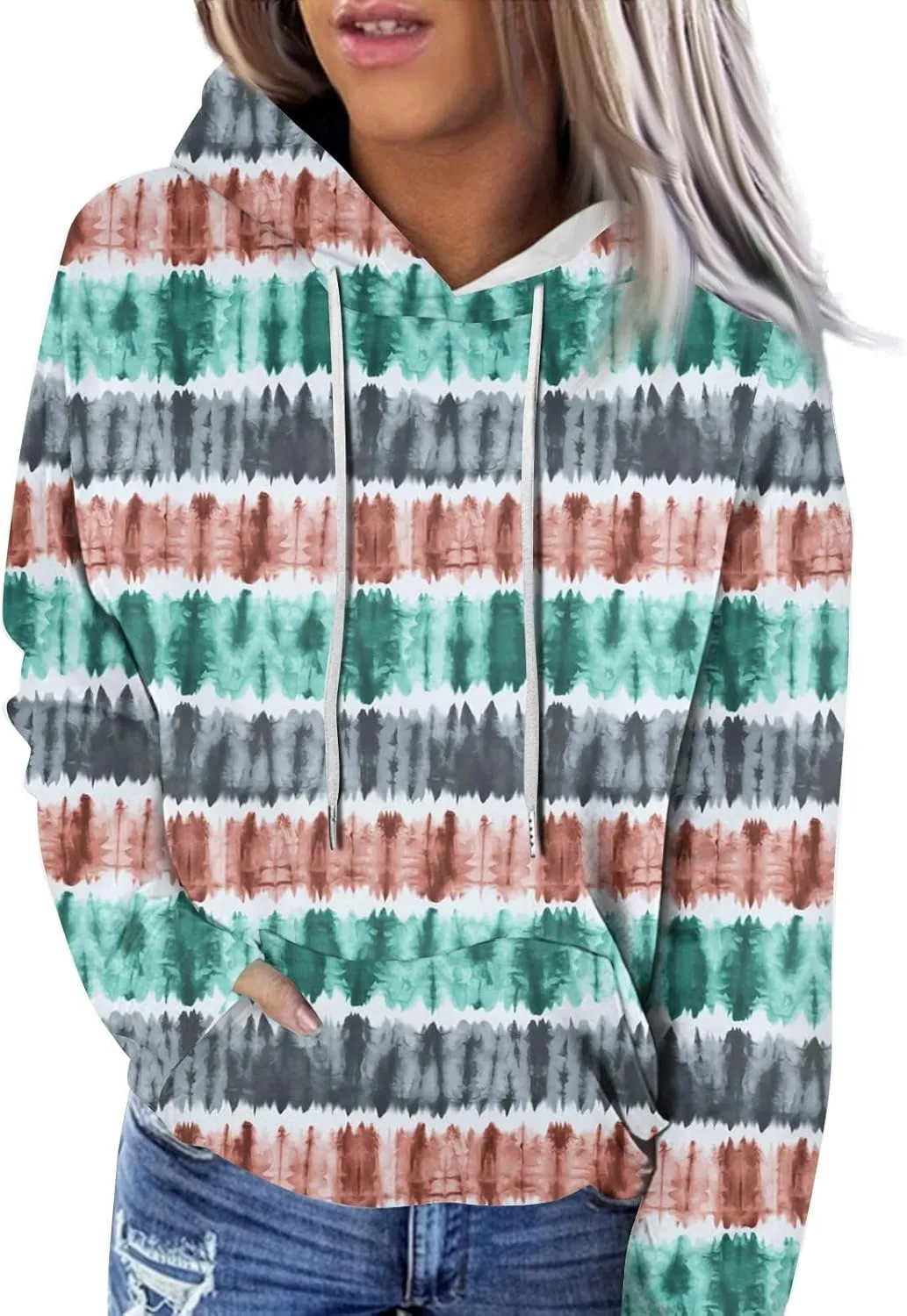 Womens Hoodies Casual Long Sleeve Drawstring Plaid Print Pullover Tops Loose Hooded Sweatshirt with Pocket