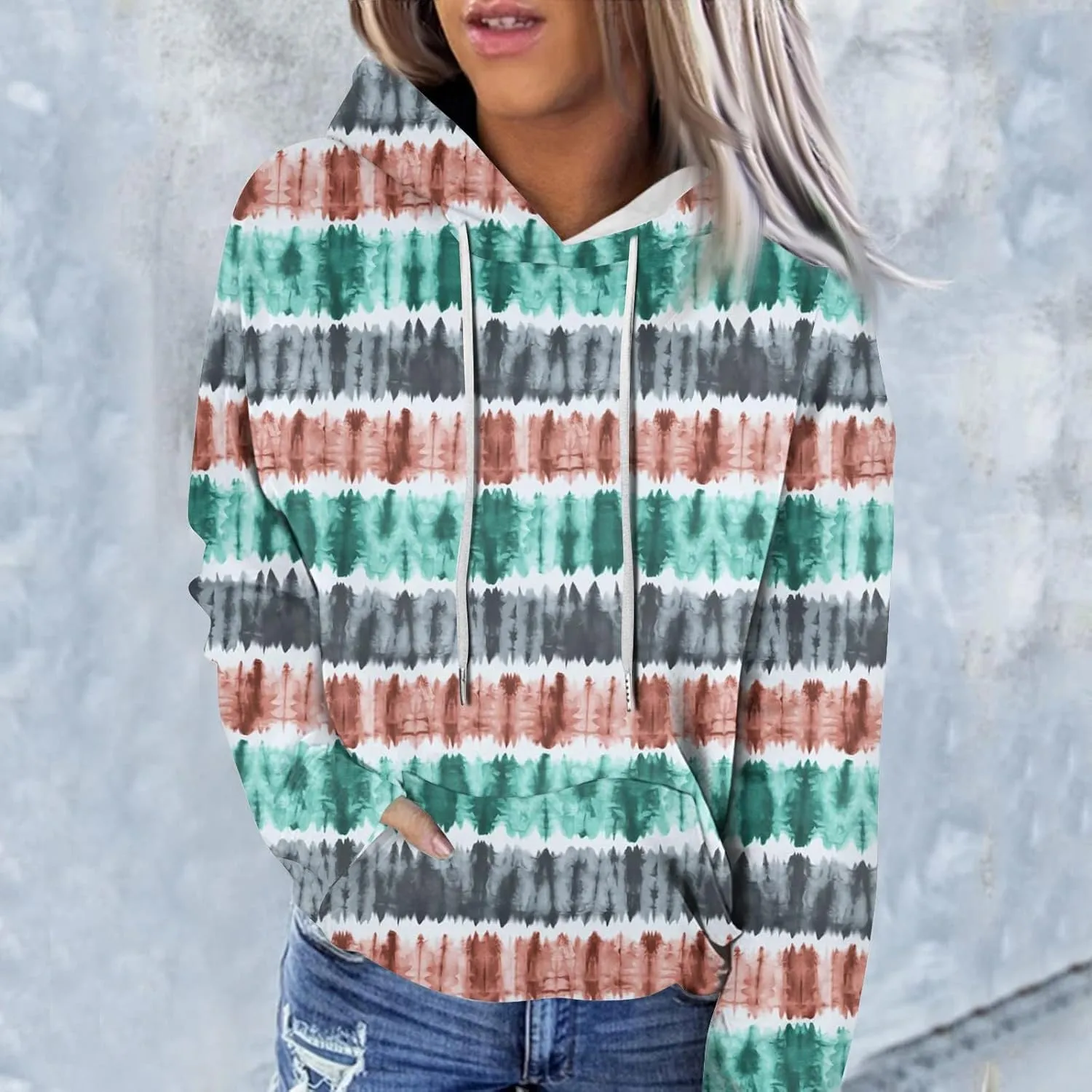 Womens Hoodies Casual Long Sleeve Drawstring Plaid Print Pullover Tops Loose Hooded Sweatshirt with Pocket