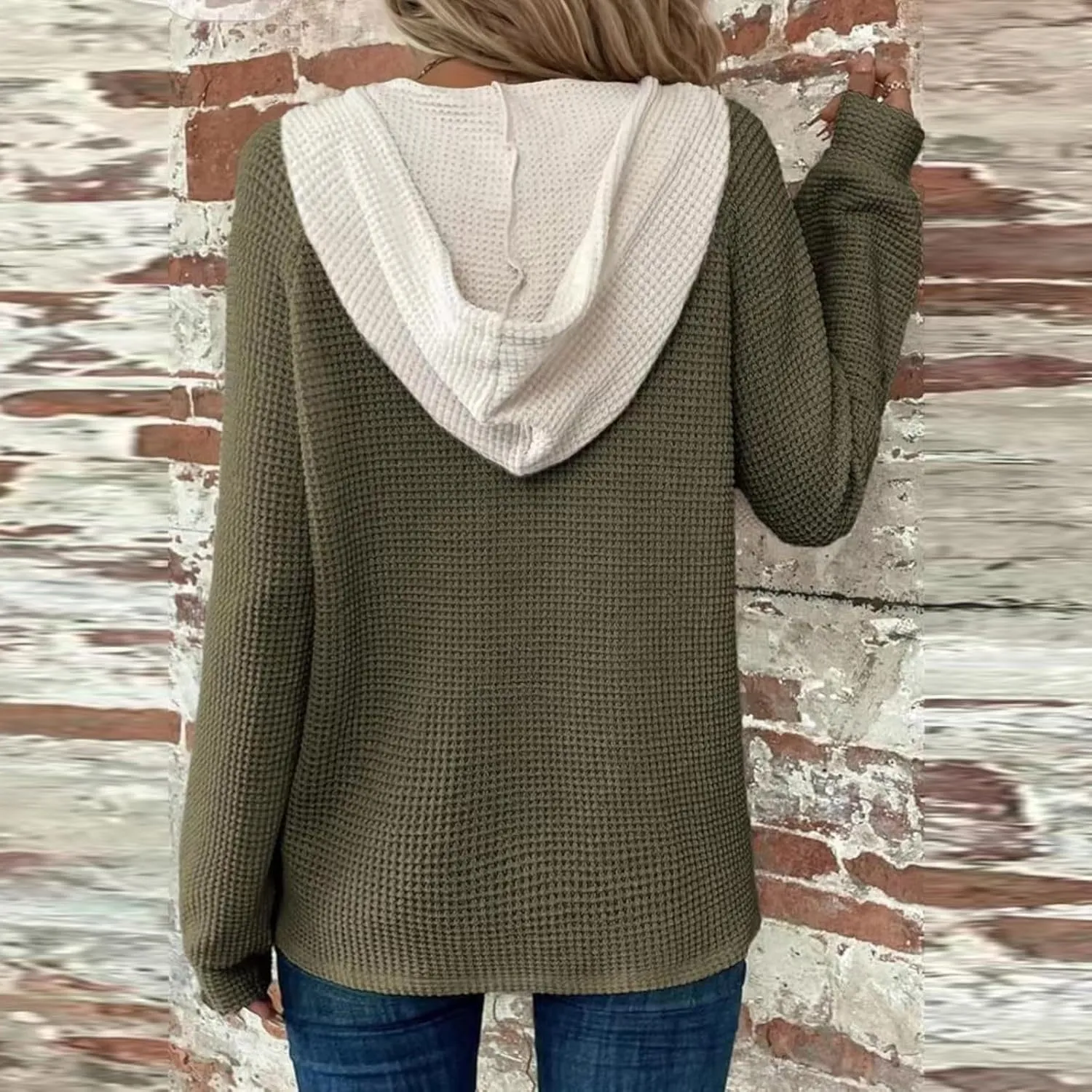 Womens Hoodies Pullover Waffle Knit Casual Drawstring Sweatshirt Button V Neck Long Sleeve Hoodie Sweatshirt Tops