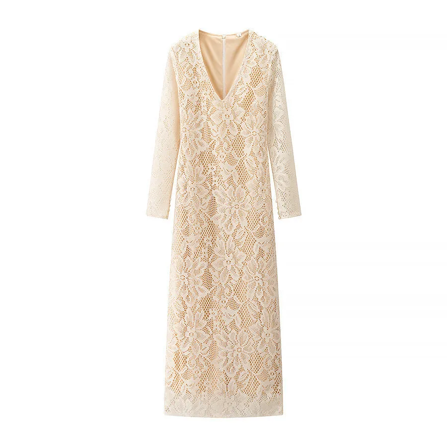 Womens Lace Dress  Slim Fit  Deep V-Neck  Long Sleeve  Full Length Formal Wear