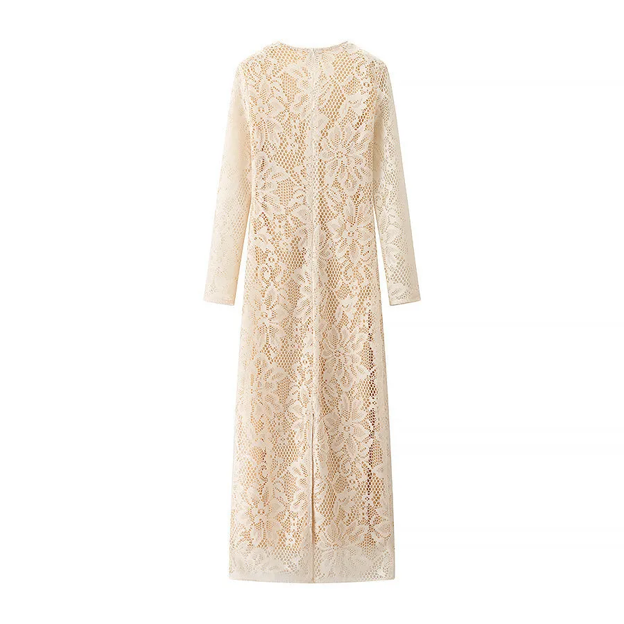 Womens Lace Dress  Slim Fit  Deep V-Neck  Long Sleeve  Full Length Formal Wear
