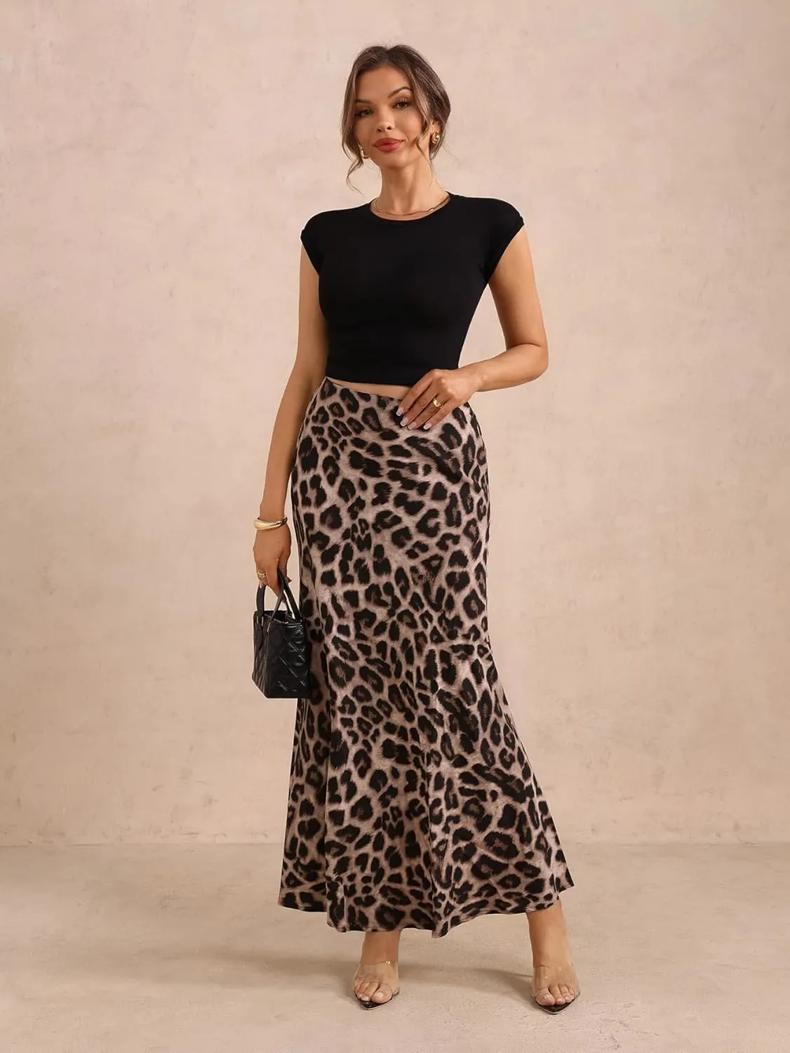 Women's Leopard Print Maxi Skirt High Elastic Waist Loose Flowy Elegant Skirts