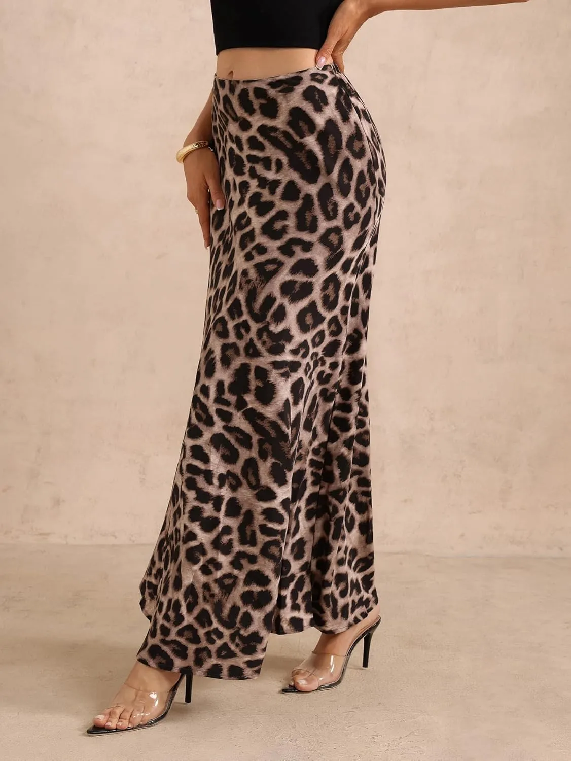 Women's Leopard Print Maxi Skirt High Elastic Waist Loose Flowy Elegant Skirts