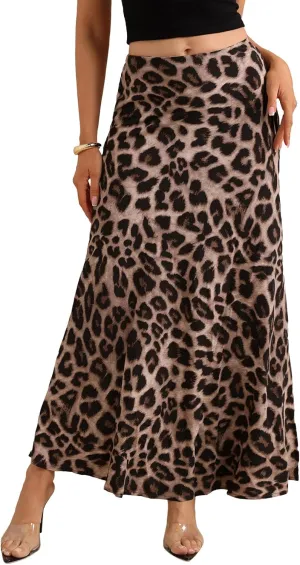Women's Leopard Print Maxi Skirt High Elastic Waist Loose Flowy Elegant Skirts