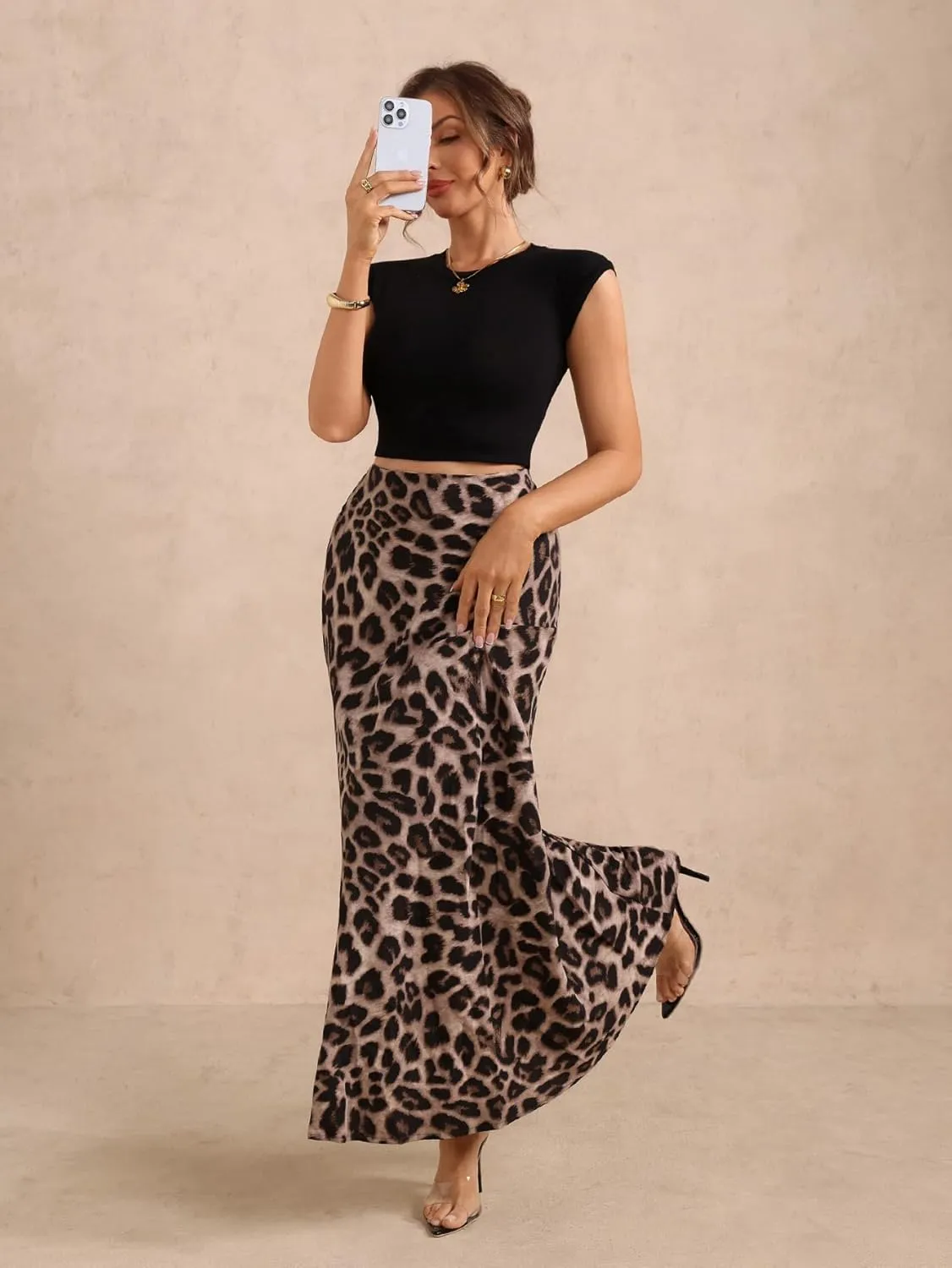Women's Leopard Print Maxi Skirt High Elastic Waist Loose Flowy Elegant Skirts
