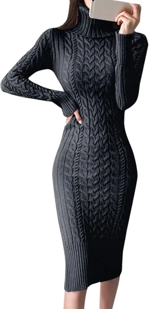 Womens Long Sleeve Turtleneck Sweater Dresses Knitted Bodycon Midi Jumper Fashion Casual Winter Slim Fit Sexy Dresses