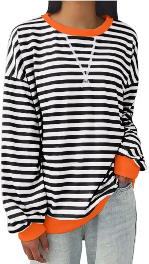 Women's Oversized Striped Color Block Sweatshirts Tops Long Sleeve Crewneck Baggy Y2k Preppy Pullover Shirt Blouse