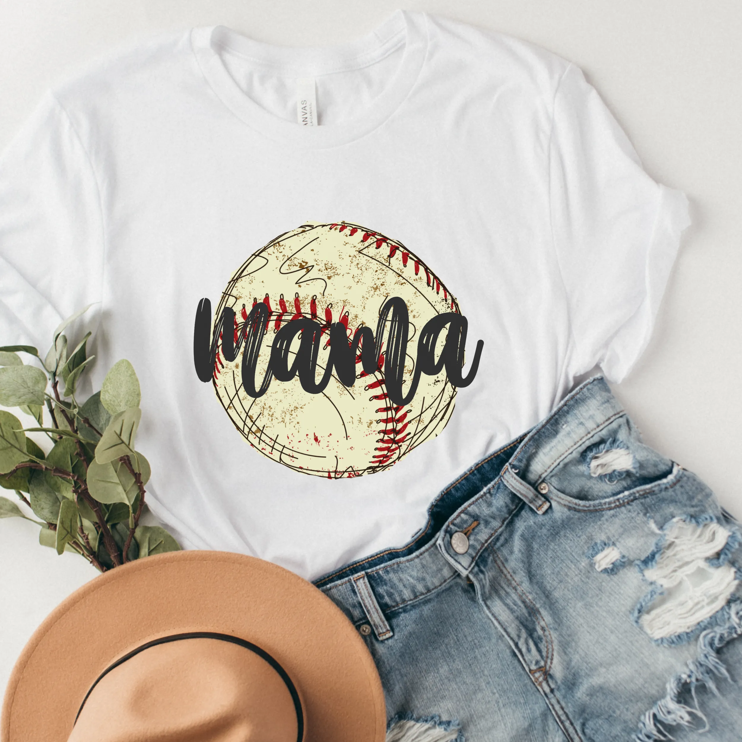 Women's Spring or Summer Baseball Mama Crewneck Sweatshirt or T-Shirt Hand-Drawn Watercolor Baseball Design Gift for Mom