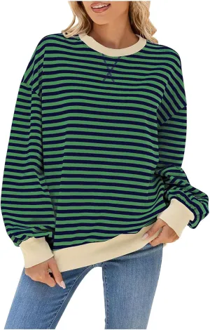 Women's Striped Long Sleeved Shirts Loose Casual Sweatshirts Round Neck Pullover Tops Blouses Fall Fashion Clothes