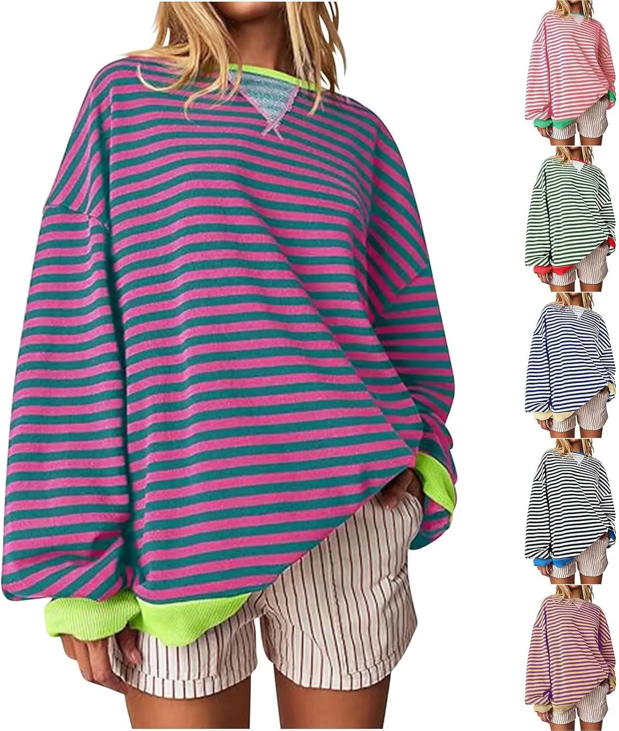 Women's Striped Long Sleeved Shirts Loose Casual Sweatshirts Round Neck Pullover Tops Blouses Fall Fashion Clothes