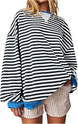 Women's Striped Long Sleeved Shirts Loose Casual Sweatshirts Round Neck Pullover Tops Blouses Fall Fashion Clothes