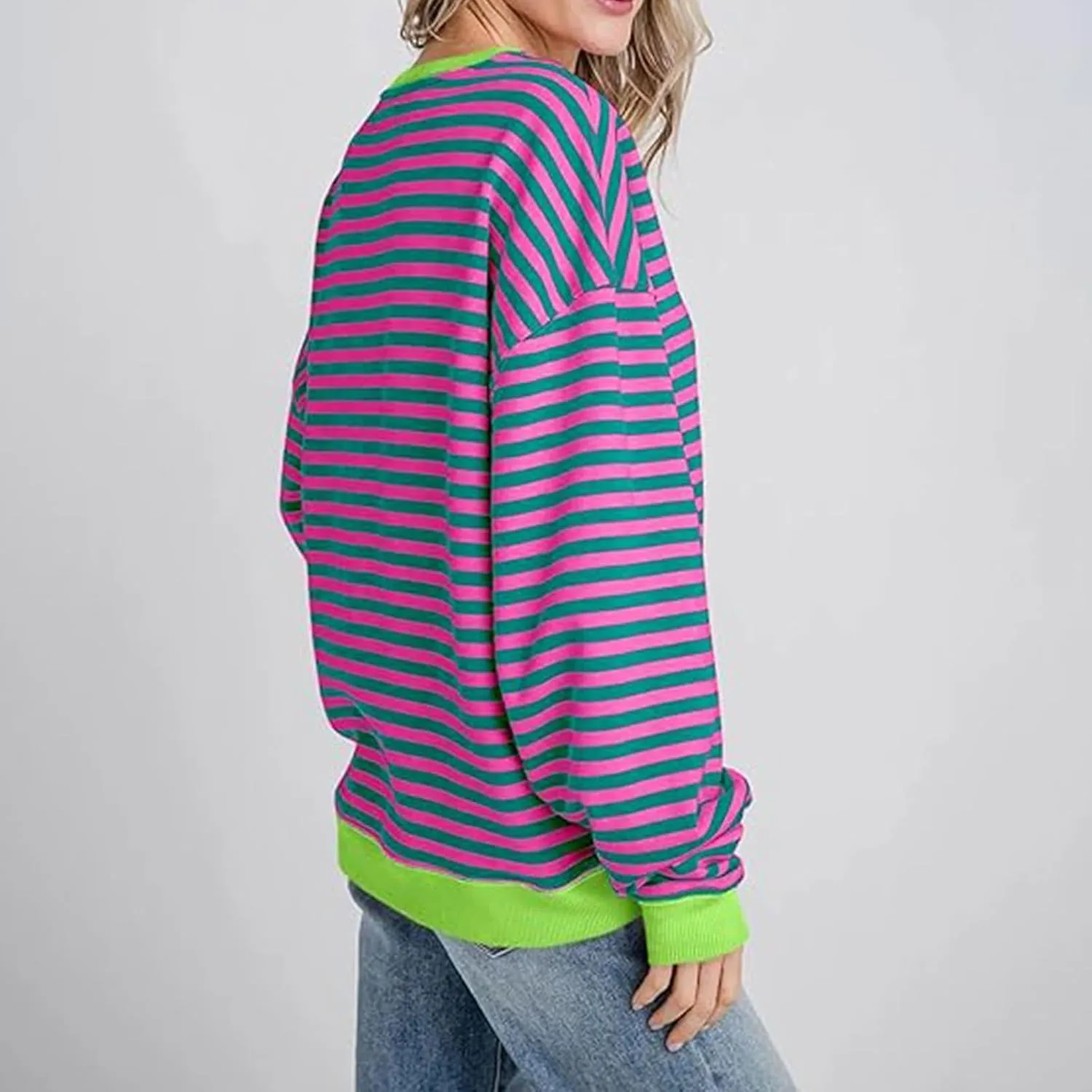 Women's Striped Long Sleeved Shirts Loose Casual Sweatshirts Round Neck Pullover Tops Blouses Fall Fashion Clothes